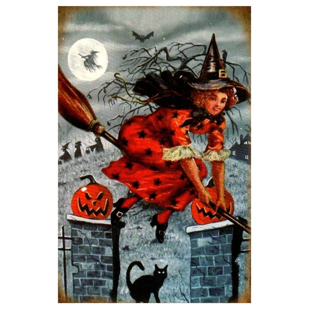 Vintage Style Halloween Postcard Witch Flying Broom Jack O Lantern Black Cat